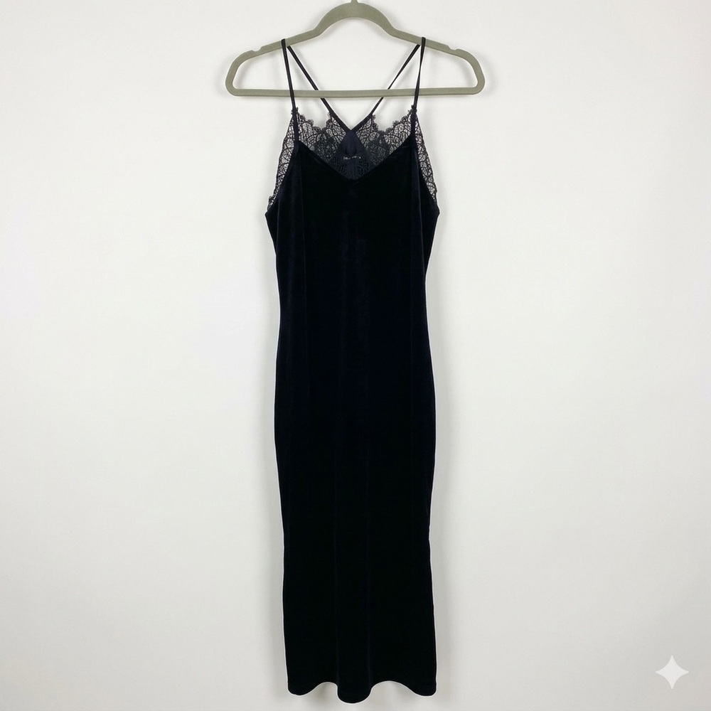 NWT Express Black Velvet Lace Trim Midi Slip Dress Size S Crisscross Back‎